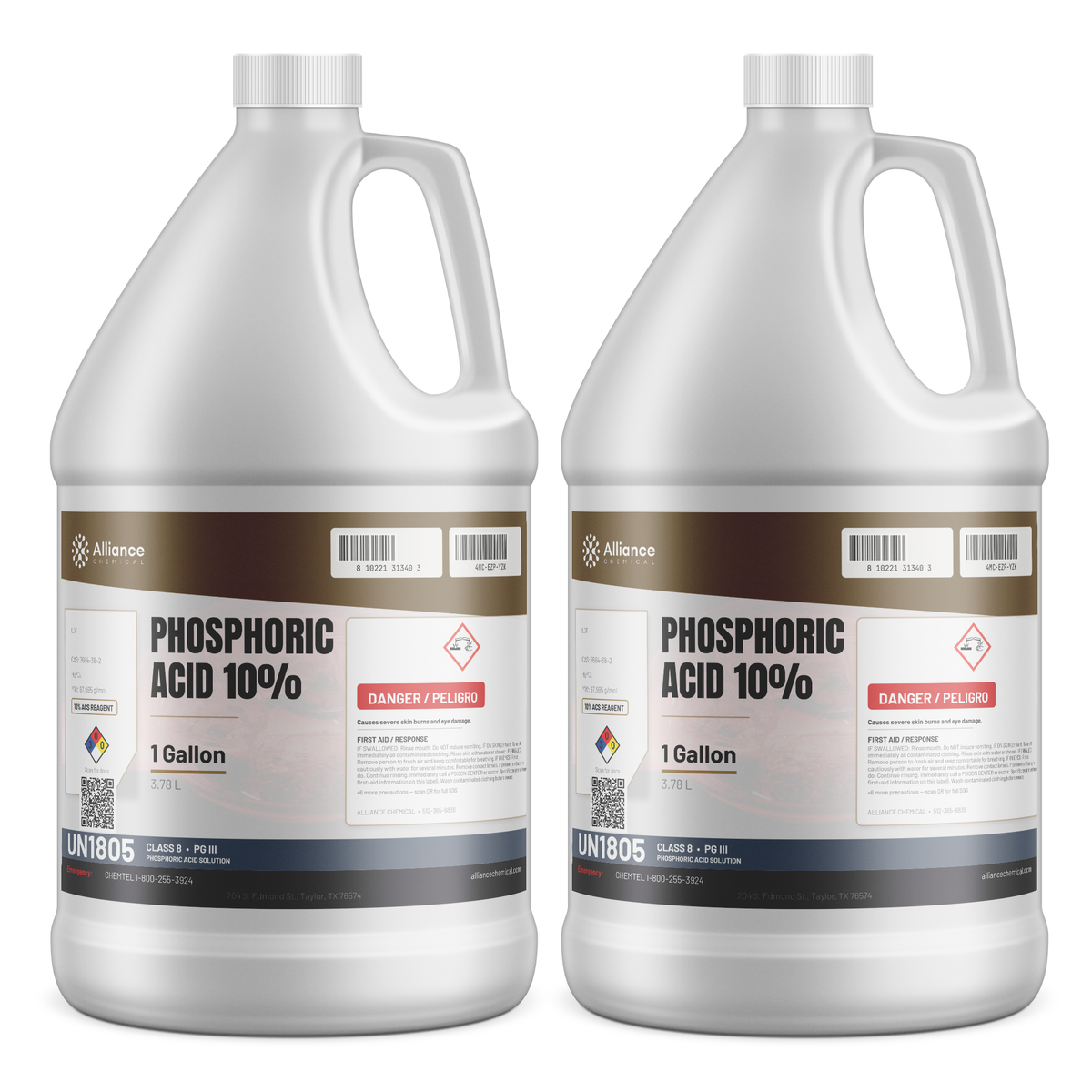 Phosphoric Acid 10% ACS Reagent Grade in two 1-gallon plastic jugs from Alliance Chemical