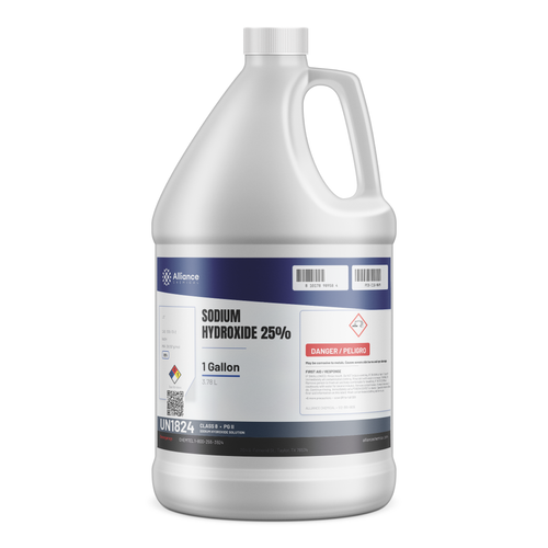 Sodium Hydroxide 25% Technical Grade in a 1-gallon plastic jug for pH adjustment and wastewater treatment, Alliance Chemical