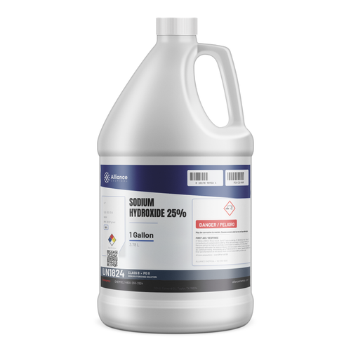 Sodium hydroxide 25% technical grade in a 1-gallon plastic jug from Alliance Chemical for wastewater neutralization