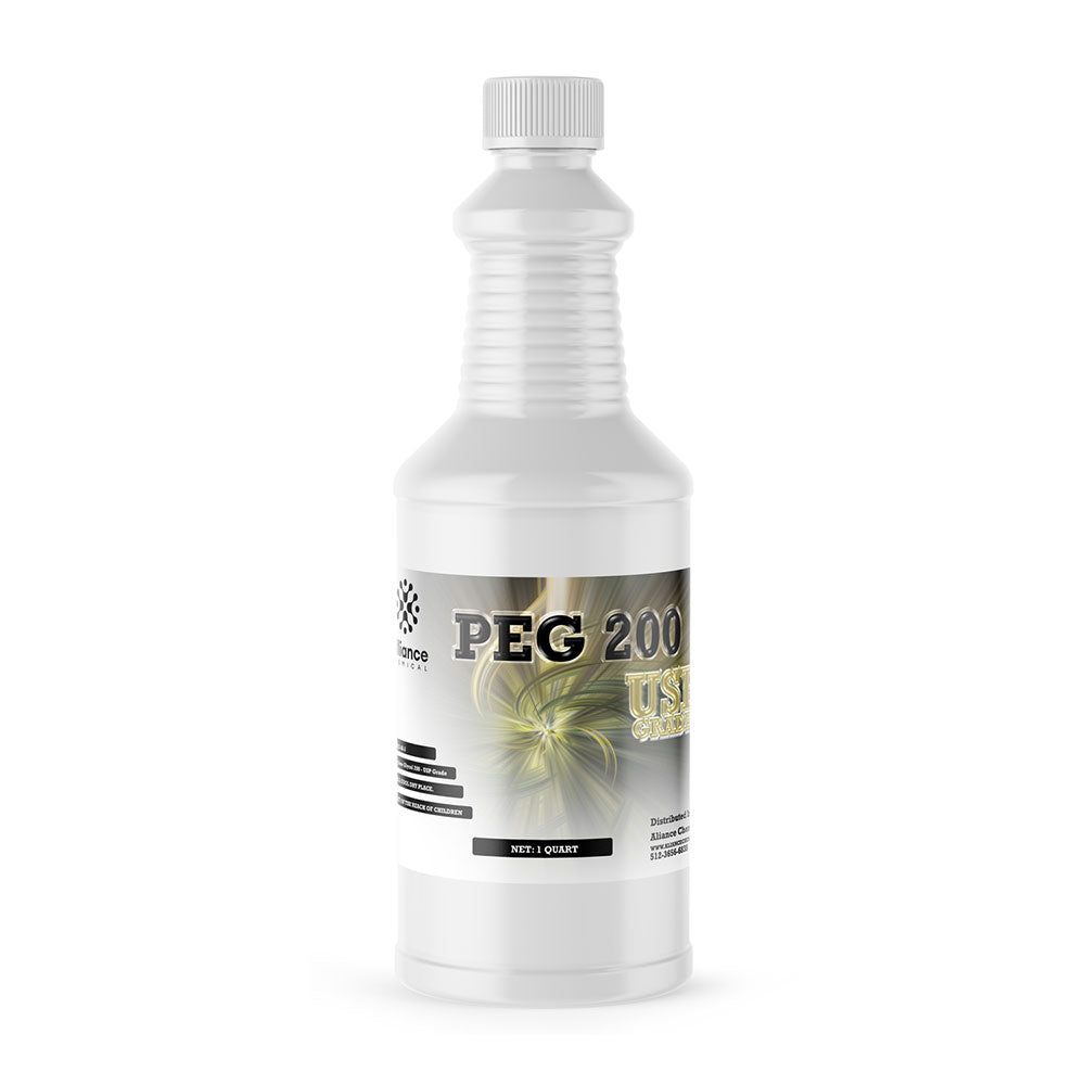 1-quart white HDPE bottle of PEG 200 (polyethylene glycol) industrial-grade chemical solution with ribbed grip design and safety closure cap.