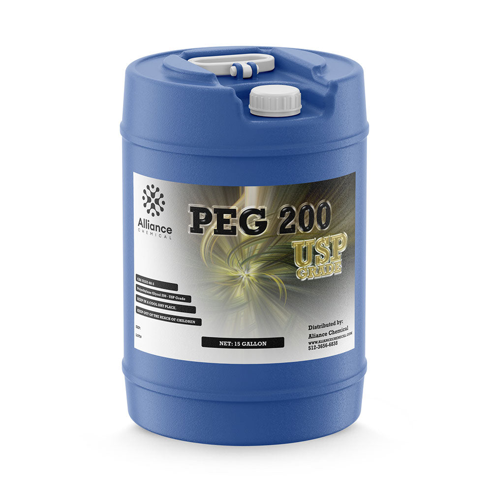 15-gallon blue HDPE carboy of PEG 200 USP Grade polyethylene glycol from Alliance Chemical with white dual-port cap system and safety labeling.