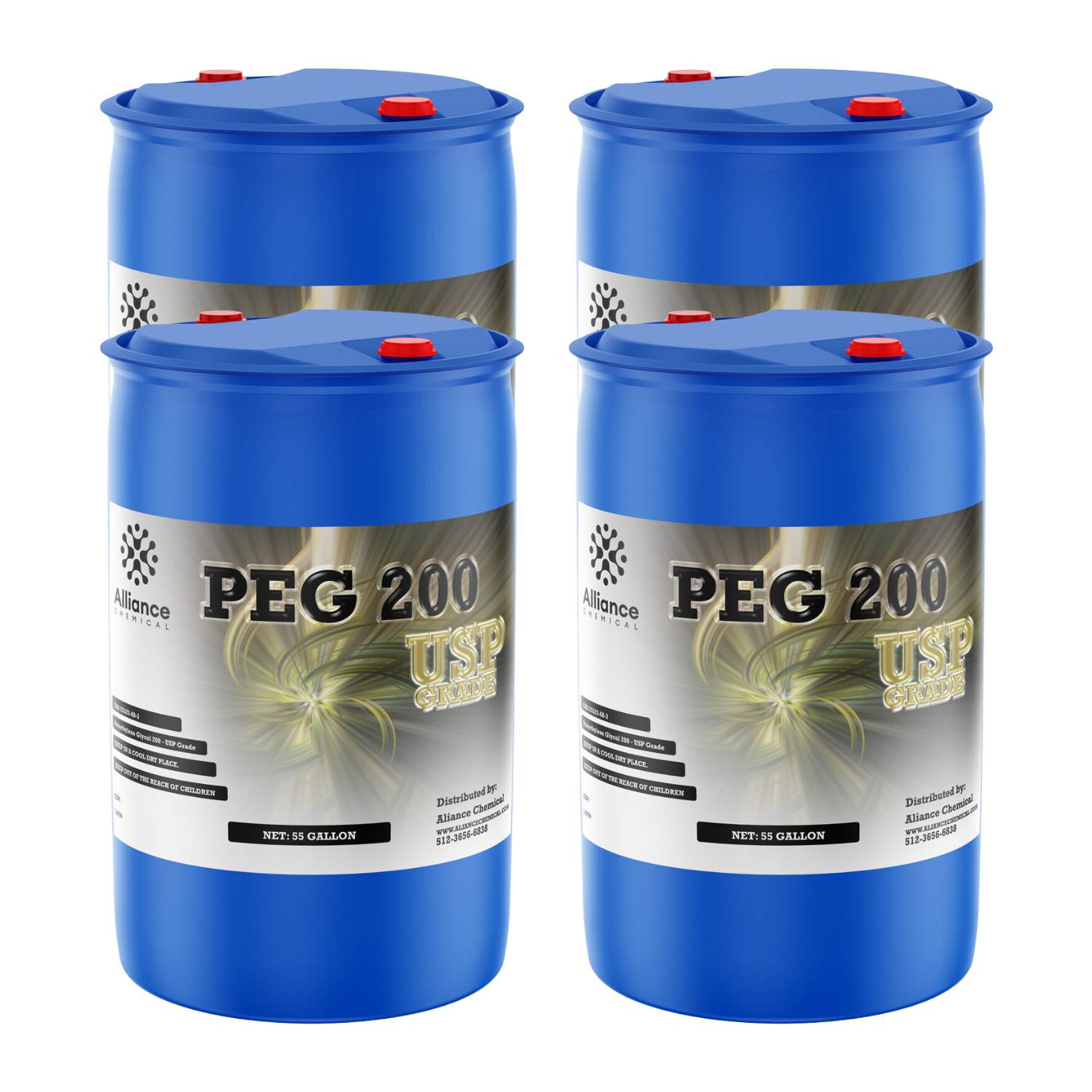 55-gallon blue HDPE drums of USP-grade PEG 200 (Polyethylene Glycol) by Alliance Chemical, featuring silver-accented labels and red safety caps, 4-drum set.