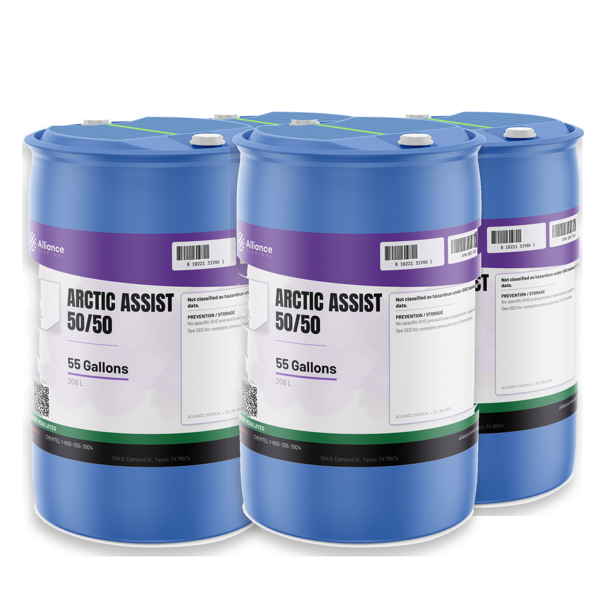 Arctic Assist 50/50 Technical Grade in four 55-gallon drums, Alliance Chemical