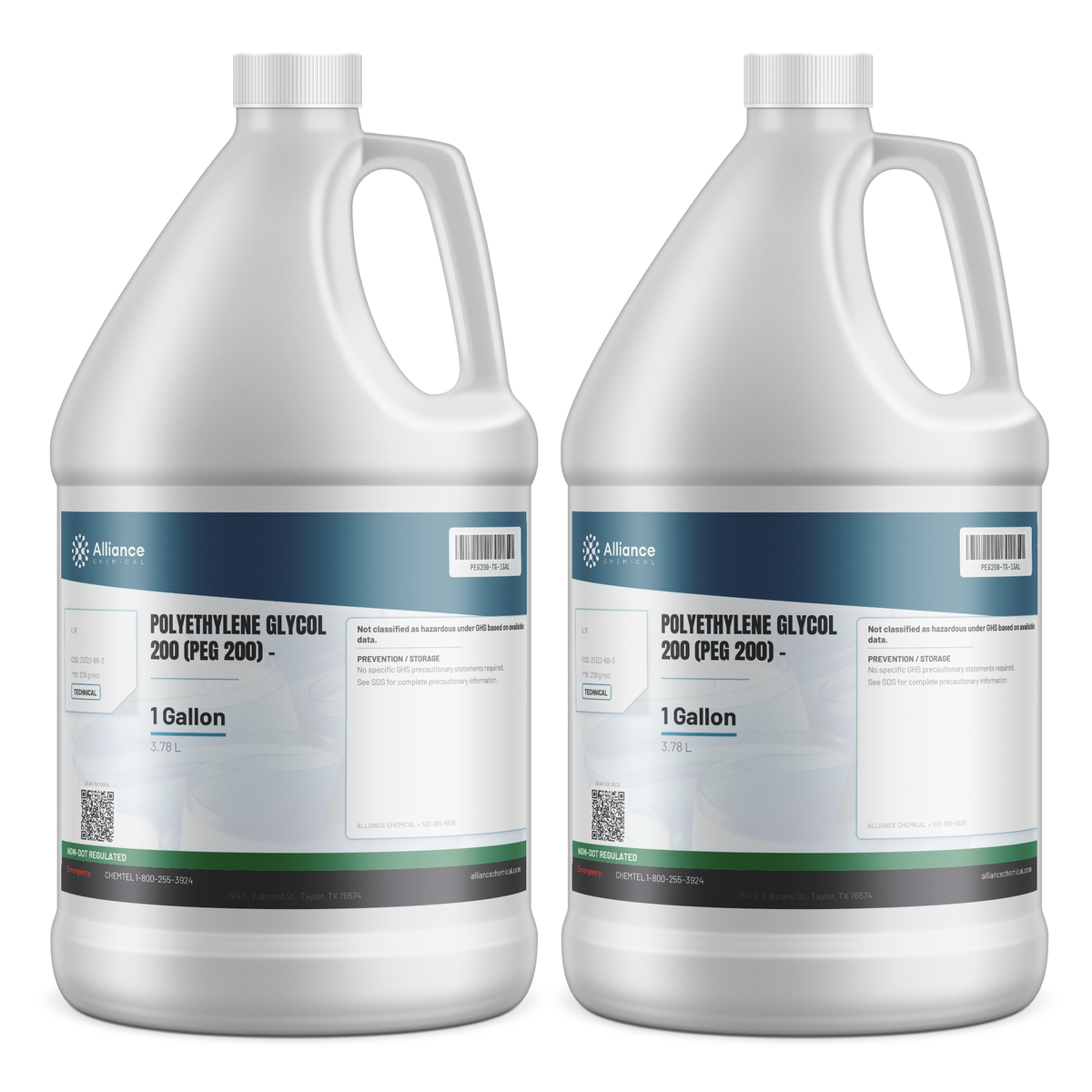 Polyethylene Glycol 200 Technical Grade in two 1-gallon plastic jugs, Alliance Chemical