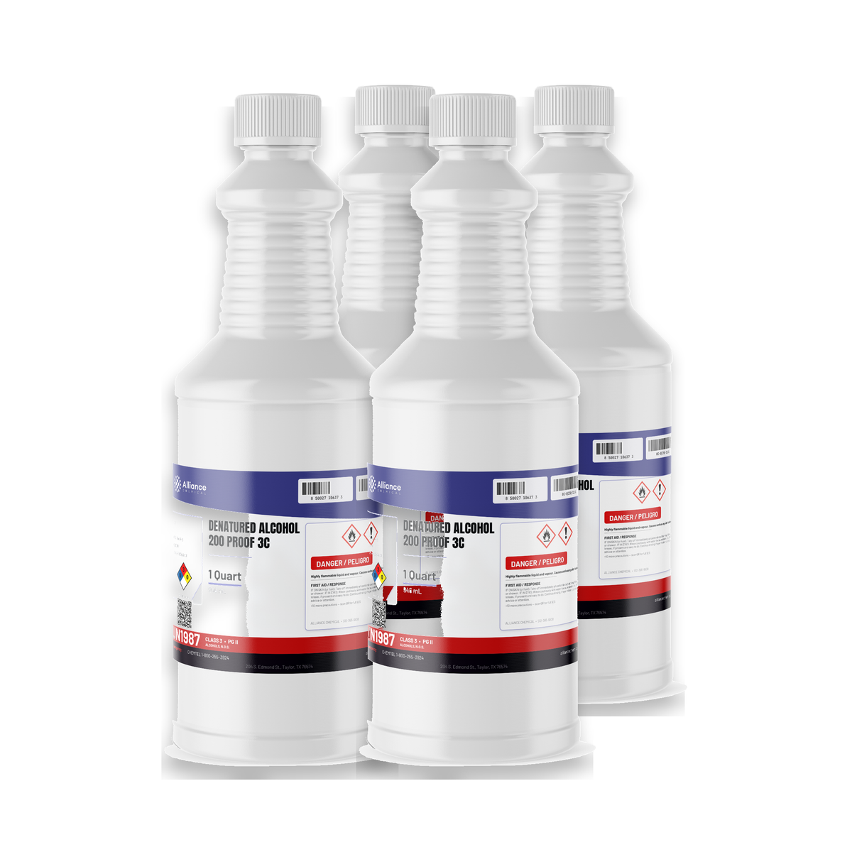Denatured Alcohol 200 Proof 3C in four 1-quart white plastic bottles from Alliance Chemical
