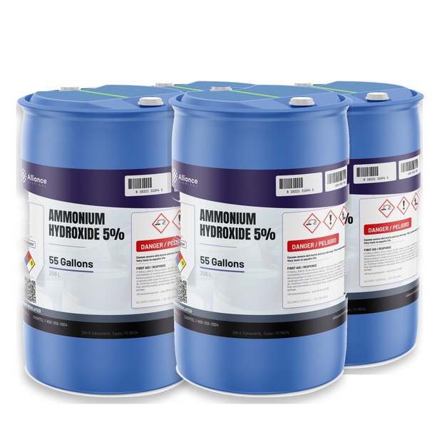 Ammonium Hydroxide 5% ACS Grade in four blue plastic 55-gallon drums, Alliance Chemical