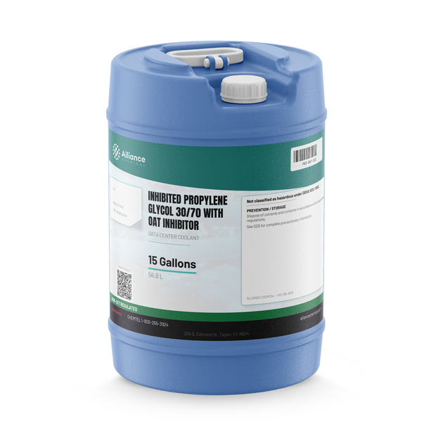 Inhibited Propylene Glycol 30/70 with OAT inhibitor in a blue 15-gallon carboy, Alliance Chemical