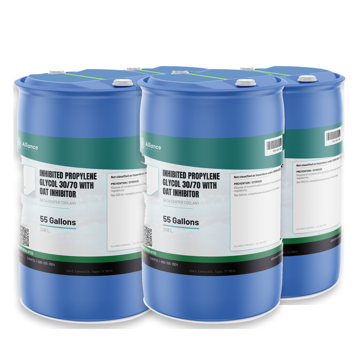 Inhibited Propylene Glycol 30/70 data center coolant in four 55-gallon blue drums, Alliance Chemical