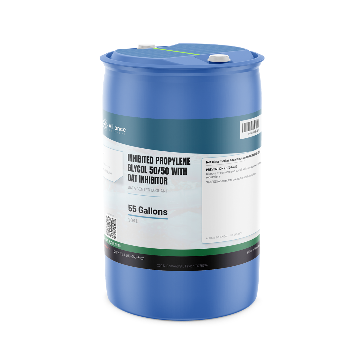 Inhibited Propylene Glycol 50/50 coolant in a blue 55-gallon drum, Alliance Chemical
