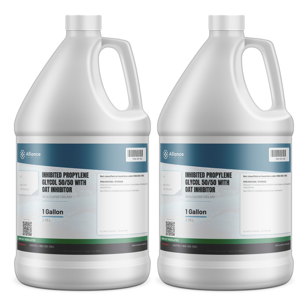 Inhibited Propylene Glycol 50/50 with OAT Inhibitor in two 1-gallon jugs from Alliance Chemical for data center cooling