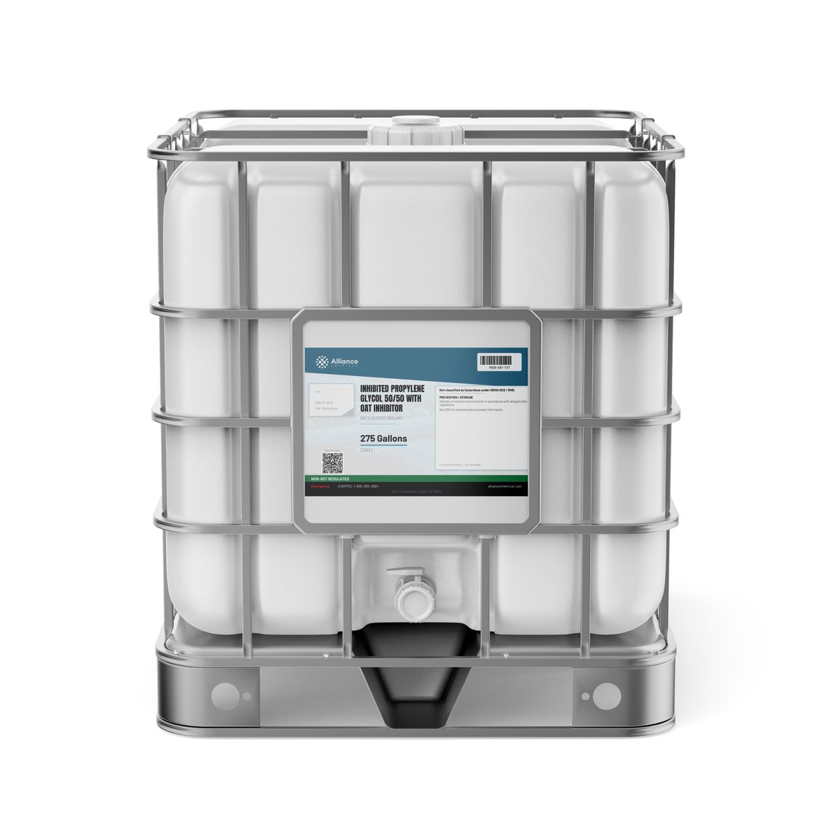 Inhibited Propylene Glycol 50/50 with OAT inhibitor in a 275-gallon IBC tote for data center cooling, Alliance Chemical