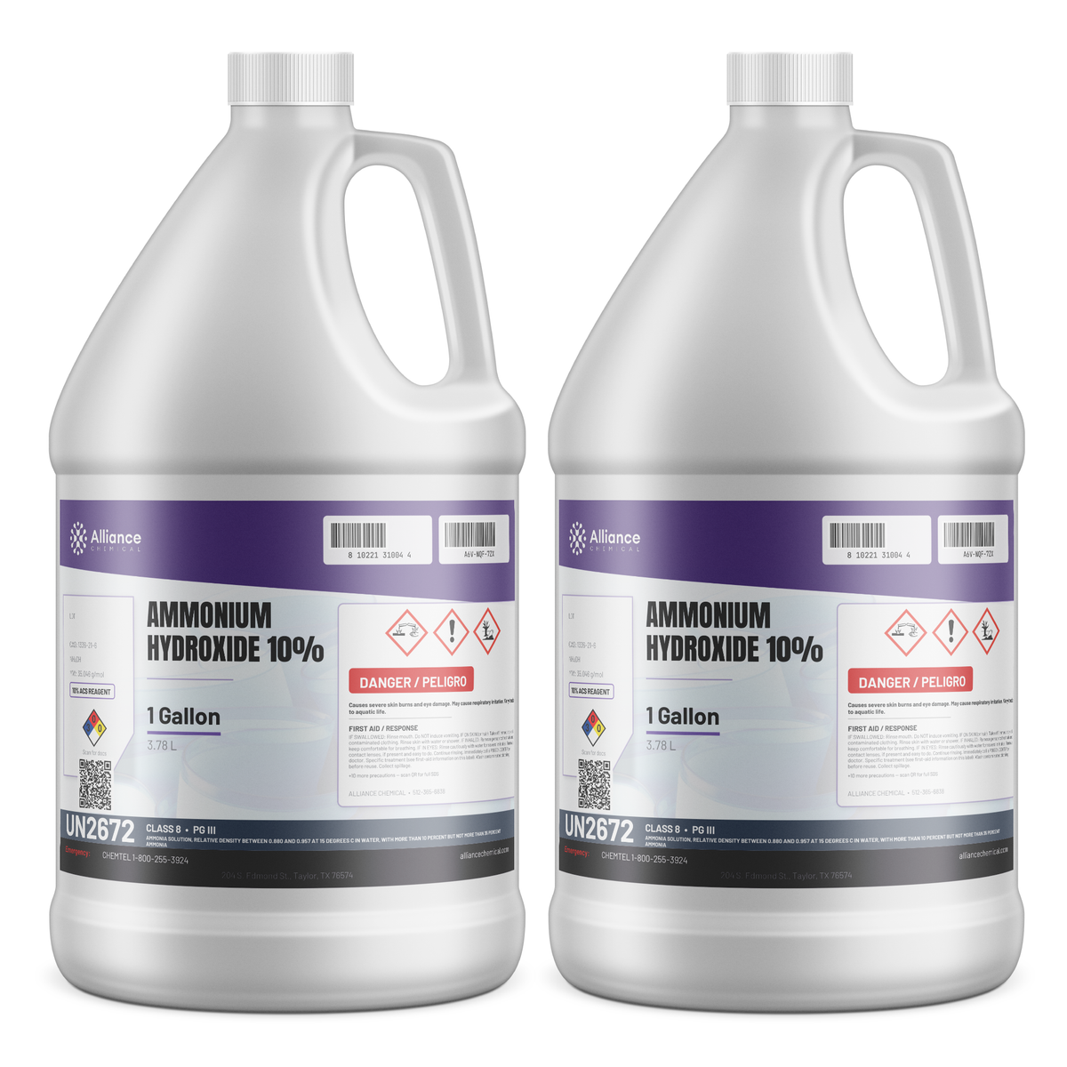Ammonium Hydroxide 10% ACS Reagent Grade in two 1-gallon plastic jugs from Alliance Chemical