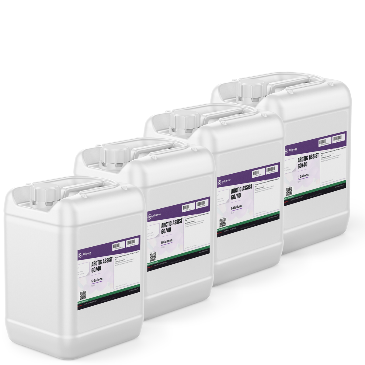 Arctic Assist 60/40 technical grade liquid in four 5-gallon white plastic pails from Alliance Chemical