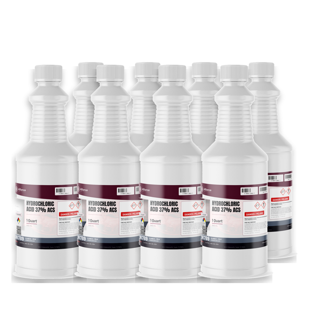 Hydrochloric Acid 37% ACS Reagent Grade in eight 1-quart plastic bottles from Alliance Chemical