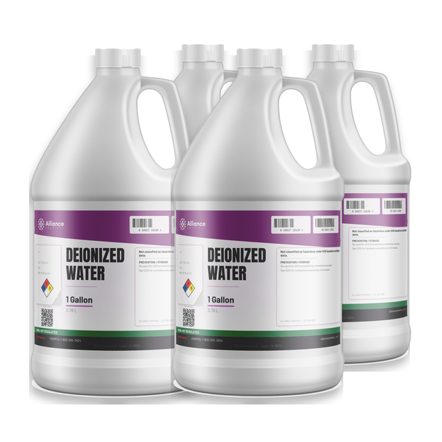 Deionized water technical grade, case of four 1-gallon jugs, Alliance Chemical for lab reagent prep and cooling systems