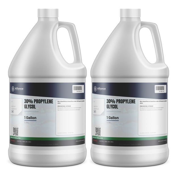 30% Propylene Glycol USP Grade in two 1-gallon white plastic jugs from Alliance Chemical