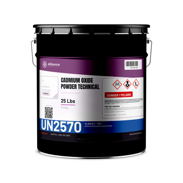 Cadmium oxide powder technical grade in a 25-lb black metal pail for electroplating, Alliance Chemical