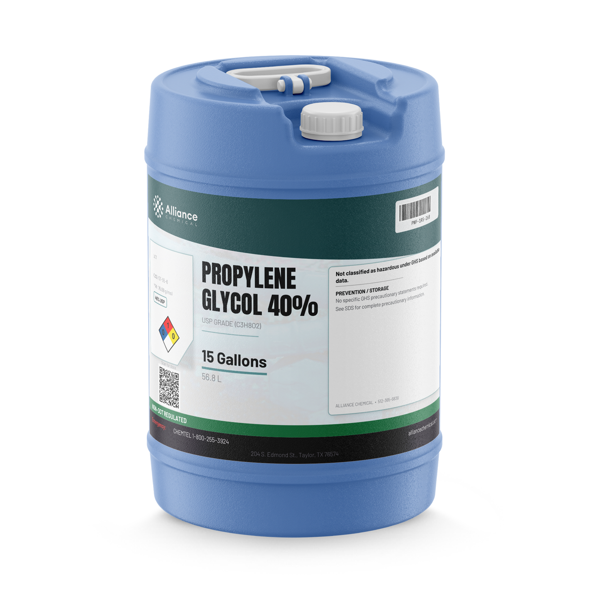 Propylene Glycol 40% USP Grade in a blue 15-gallon plastic carboy, Alliance Chemical