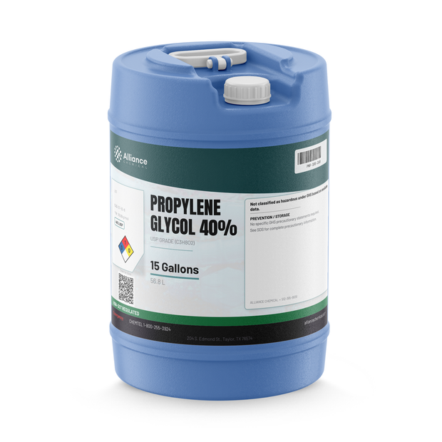 Propylene Glycol 40% USP Grade in a blue 15-gallon plastic carboy, Alliance Chemical