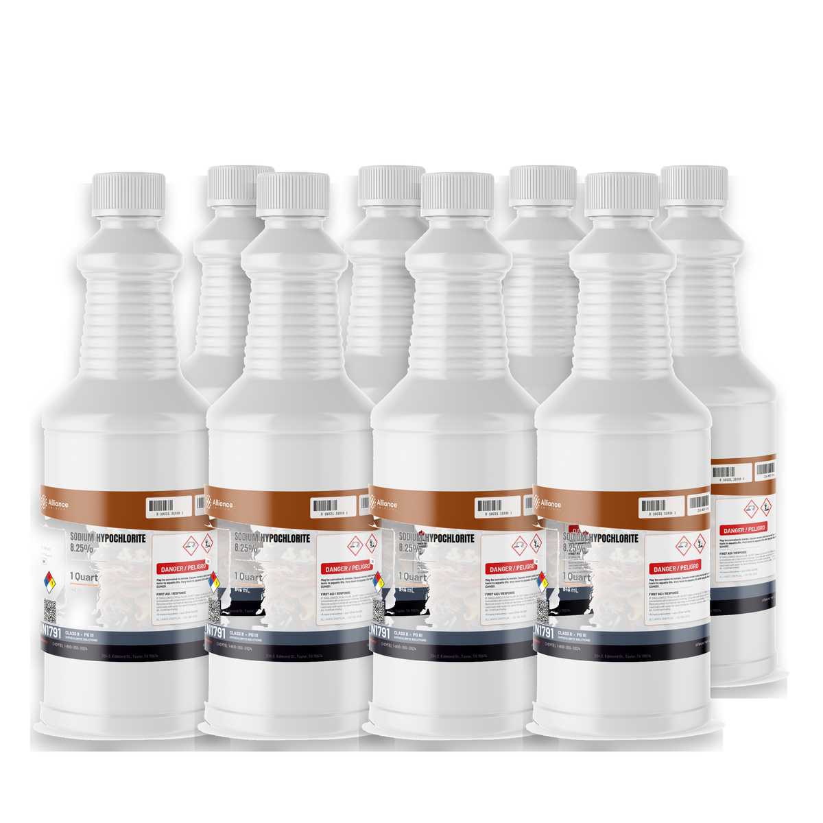 Sodium Hypochlorite 8.25% in eight 1-quart white plastic bottles from Alliance Chemical