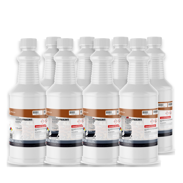 Sodium Hypochlorite 8.25% in eight 1-quart white plastic bottles from Alliance Chemical