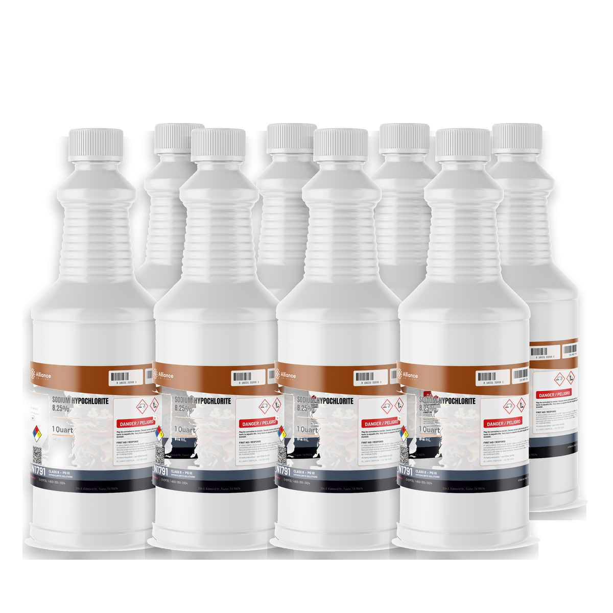 Sodium hypochlorite 8.25% technical grade, case of eight 1-quart bottles, Alliance Chemical