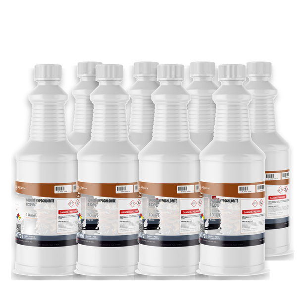 Sodium hypochlorite 8.25% technical grade, case of eight 1-quart bottles, Alliance Chemical