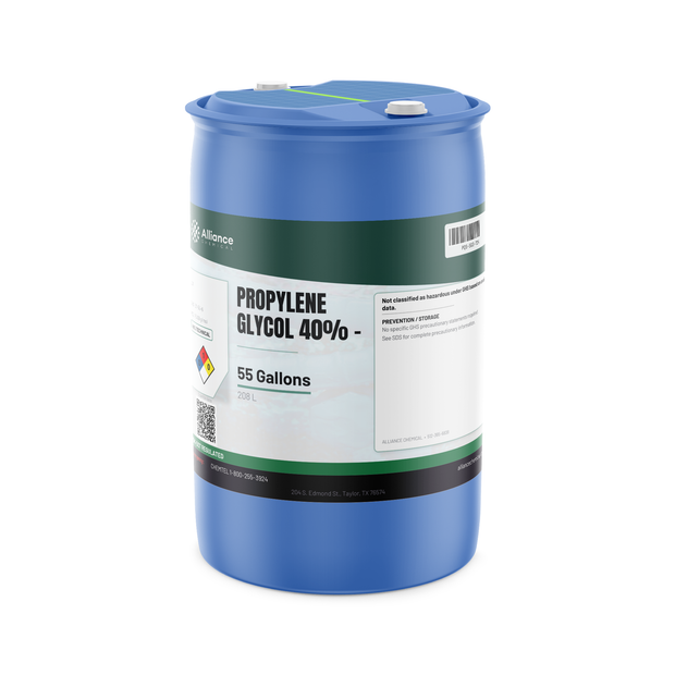Propylene Glycol 40% Technical Grade in a blue 55-gallon drum from Alliance Chemical for closed-loop heat-transfer systems