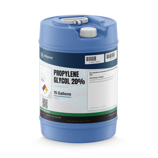 Propylene Glycol 20% USP Grade liquid in a blue plastic 15-gallon carboy, Alliance Chemical