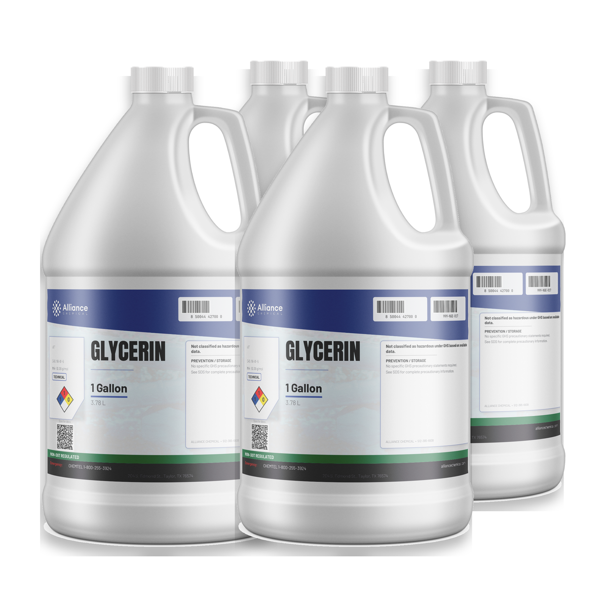 Glycerin 100% Technical Grade, case of four 1-gallon plastic jugs, Alliance Chemical