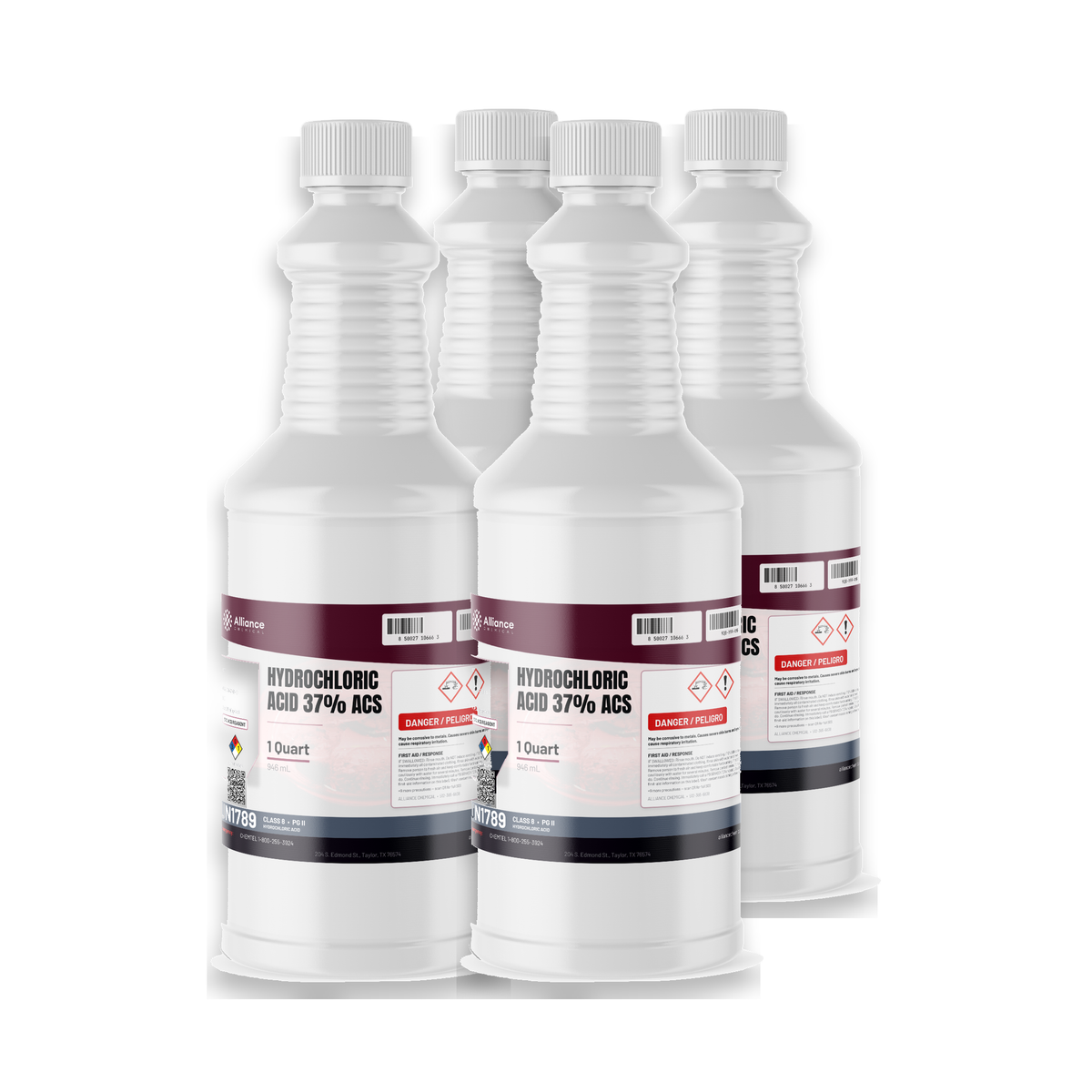 Hydrochloric Acid 37% ACS Reagent Grade, four 1-quart plastic bottles, Alliance Chemical