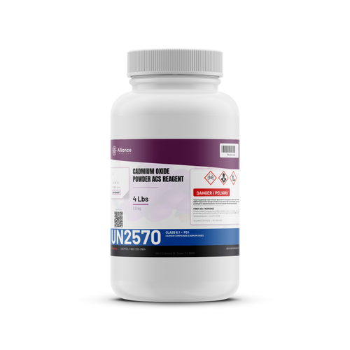 Cadmium Oxide Powder ACS Reagent Grade in a 4-pound white plastic bottle, Alliance Chemical