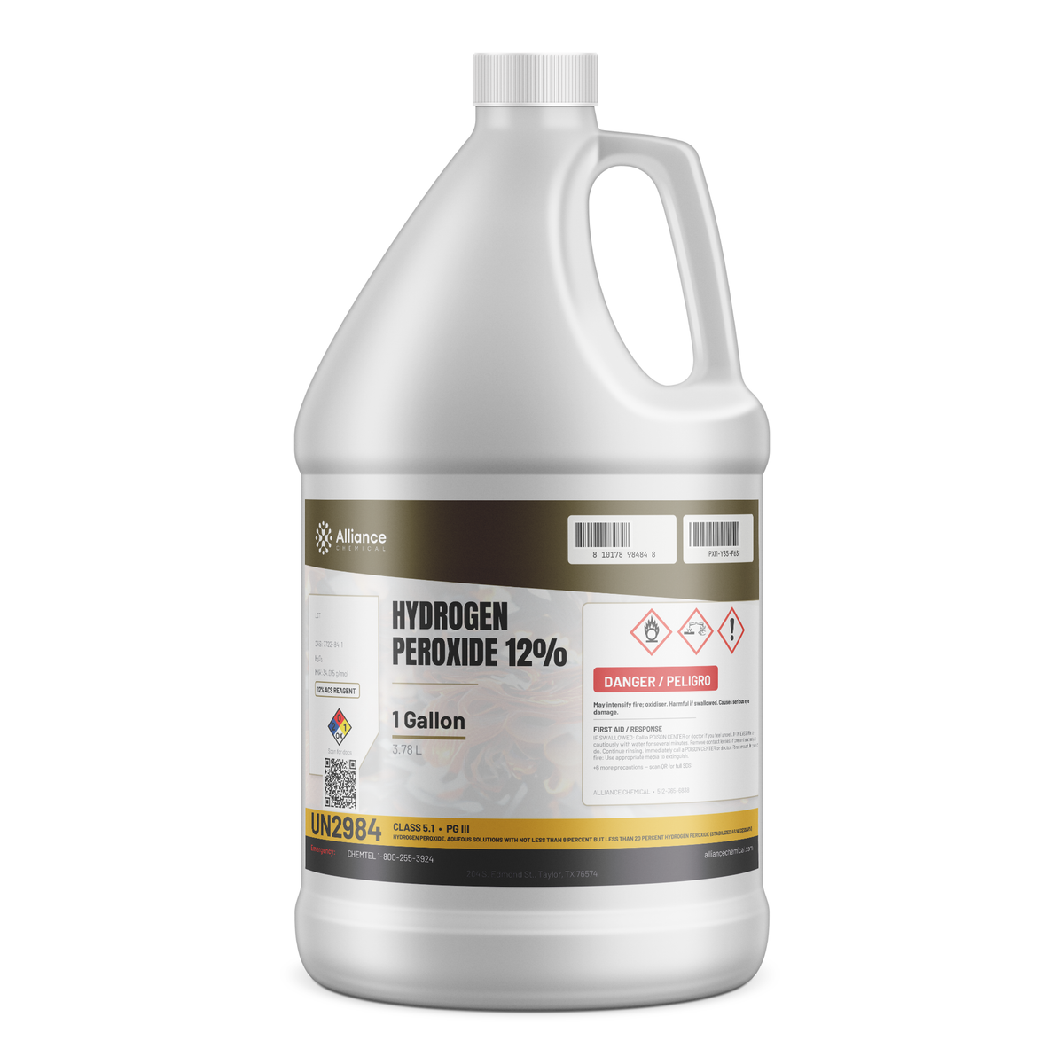 Hydrogen Peroxide 12% ACS Reagent Grade in a 1-gallon plastic jug from Alliance Chemical