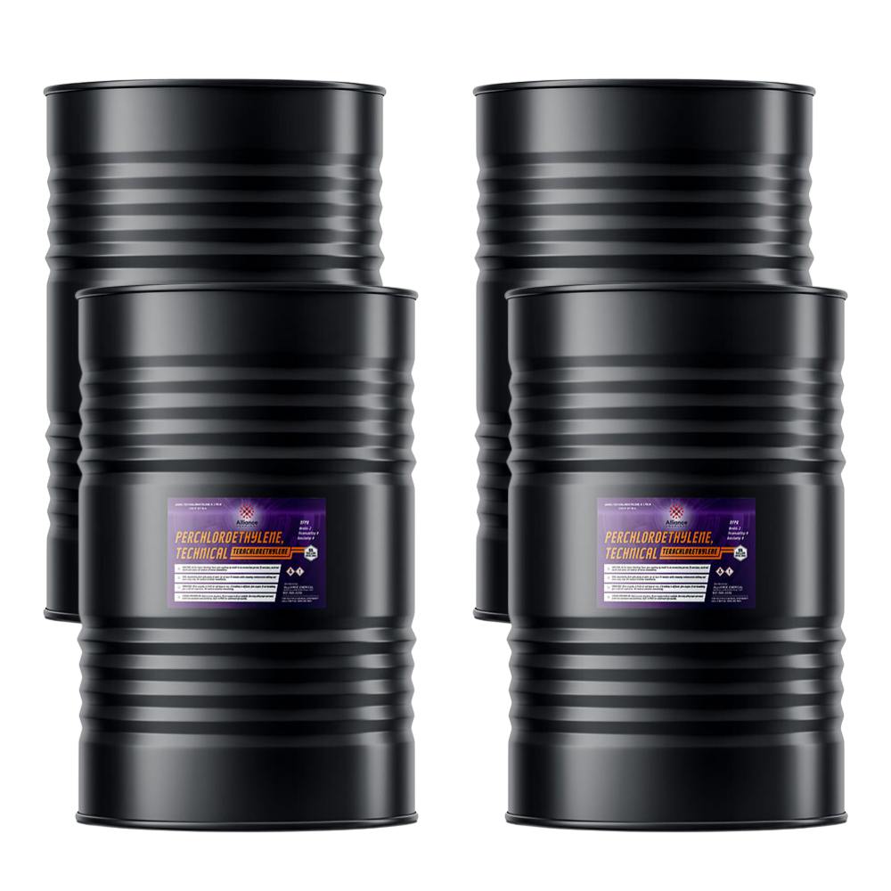 55-gallon black steel drums of perchloroethylene (PCE/PERC), technical grade, with purple hazard warning labels and ribbed industrial containers.