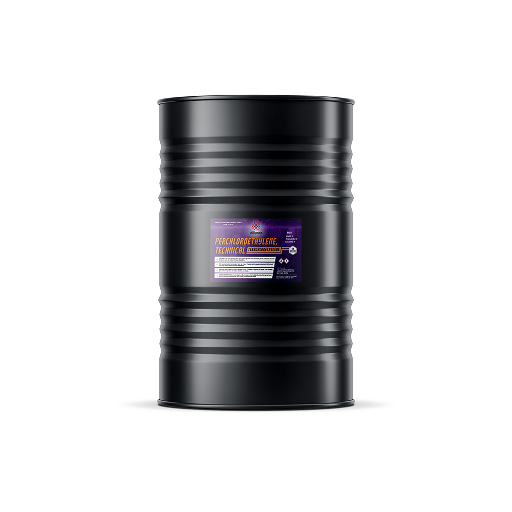 55-gallon black steel drum of technical grade Perchloroethylene (PERC) with industrial hazard warning label and ribbed sidewall design.