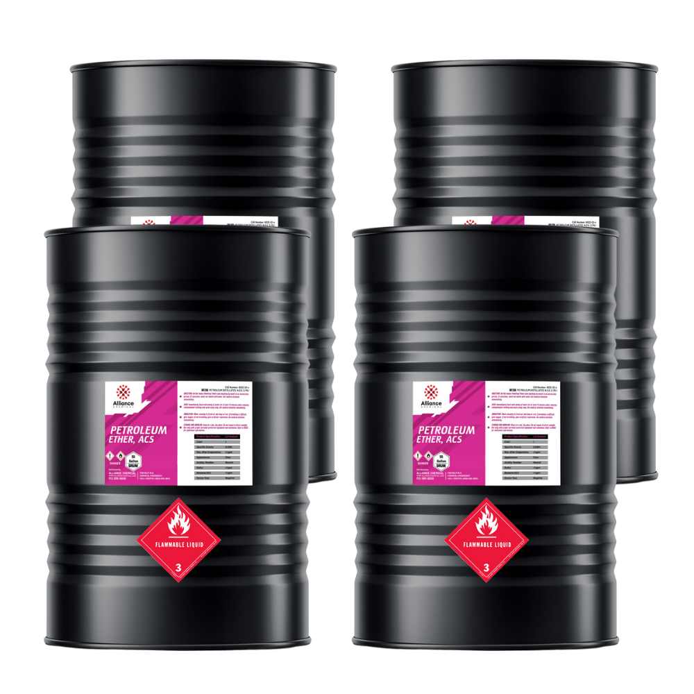 4x55-gallon drums of Petroleum Ether ACS Reagent Grade in black steel containers with flammable liquid Class 3 placards and Alliance Chemical labeling.