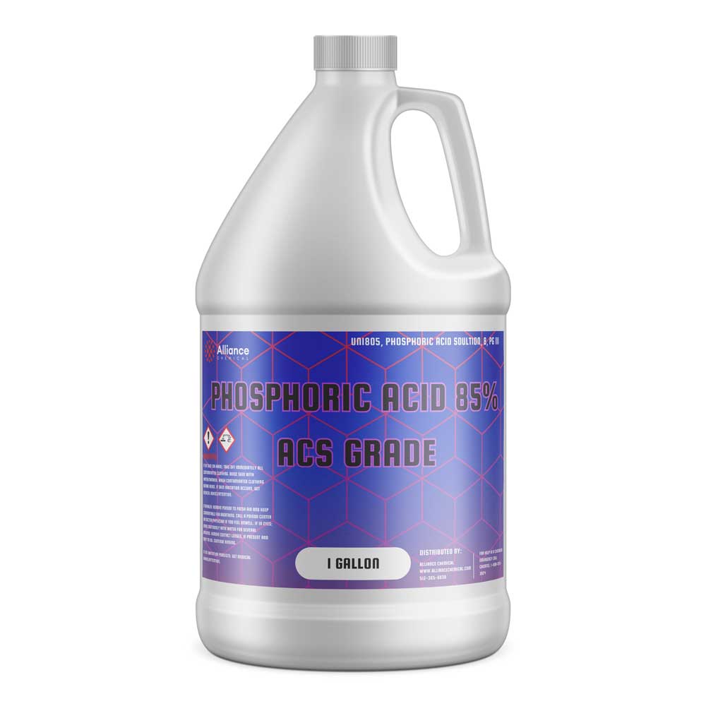 1-gallon HDPE jug of 85% Phosphoric Acid ACS Grade by Alliance Chemical, featuring blue hexagonal label design and GHS hazard symbols.