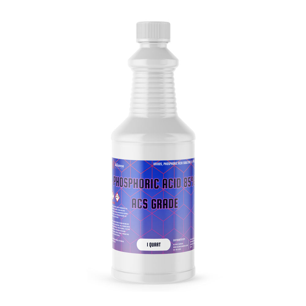 1-quart white HDPE bottle of 85% Phosphoric Acid ACS Grade with hazard symbols, blue geometric label design, and ribbed safety cap.