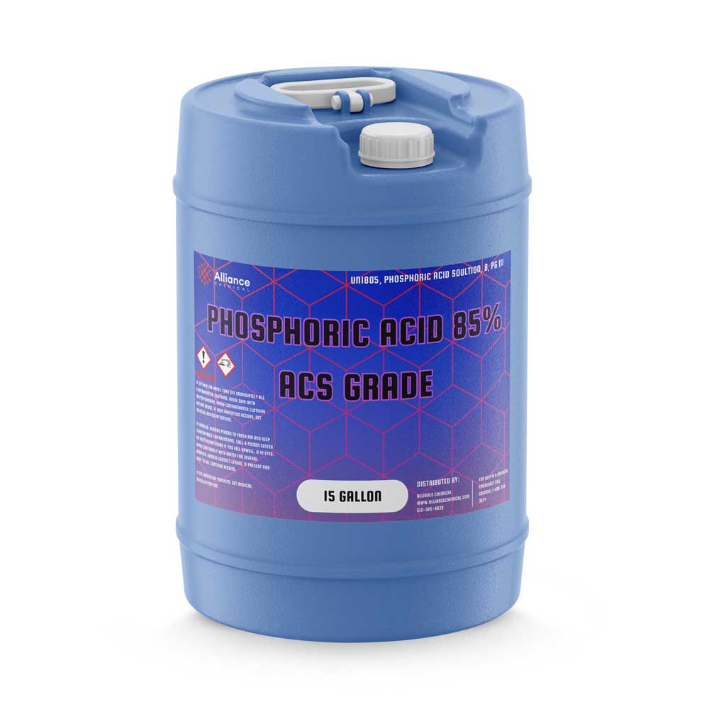 15-gallon blue HDPE drum of 85% Phosphoric Acid ACS Grade with GHS hazard symbols, purple geometric label design, white screw cap.