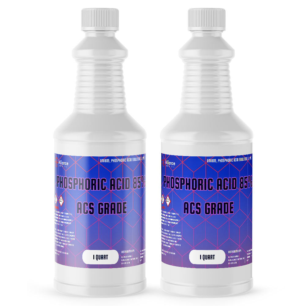 2-quart set of 85% Phosphoric Acid ACS Grade in white HDPE bottles with blue-purple labels, corrosive/oxidizer hazard symbols, 1-quart each.