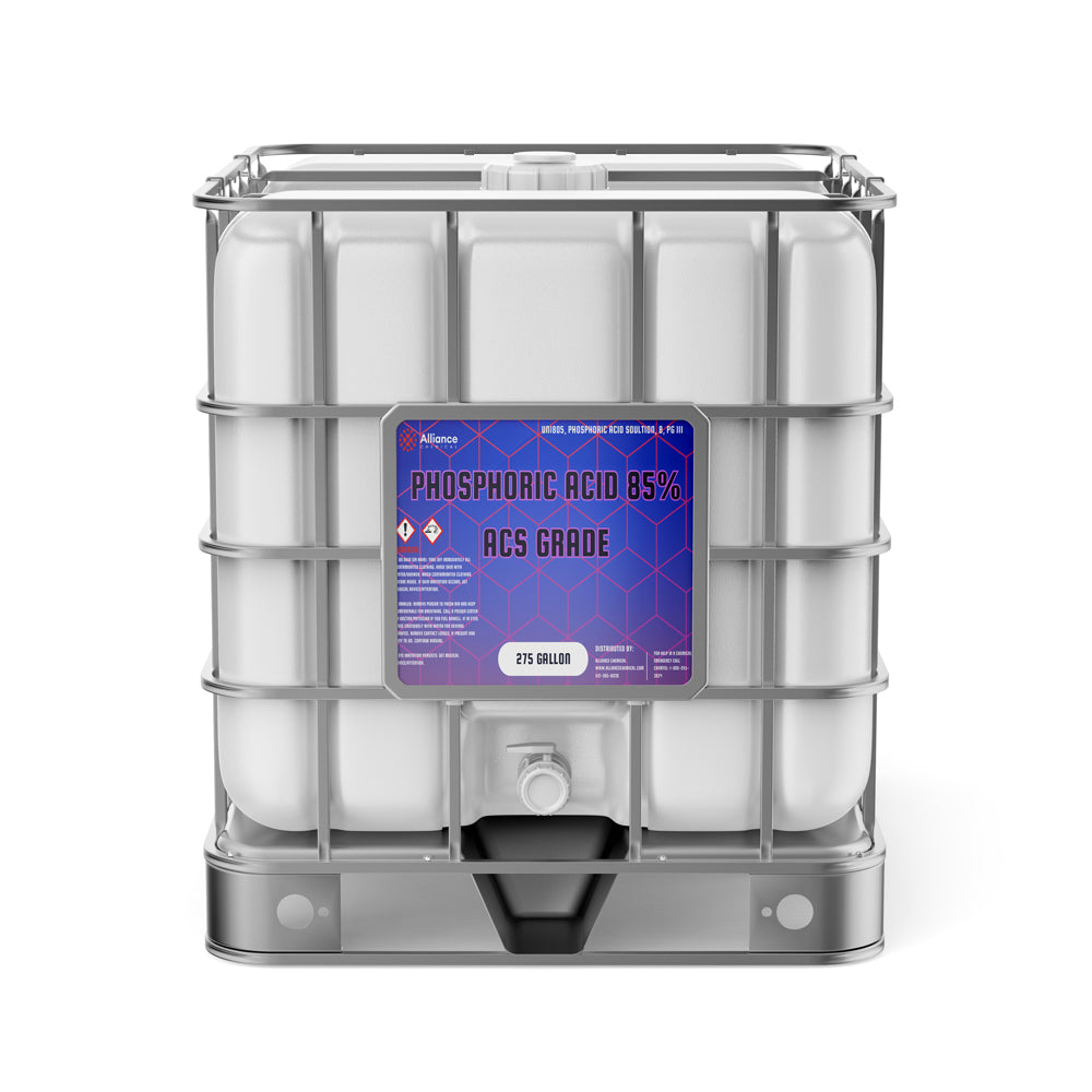 275-gallon IBC tote of Phosphoric Acid 85% ACS Grade with metal cage, hazard warning symbols, purple label, and bottom discharge valve, UN/DOT compliant.