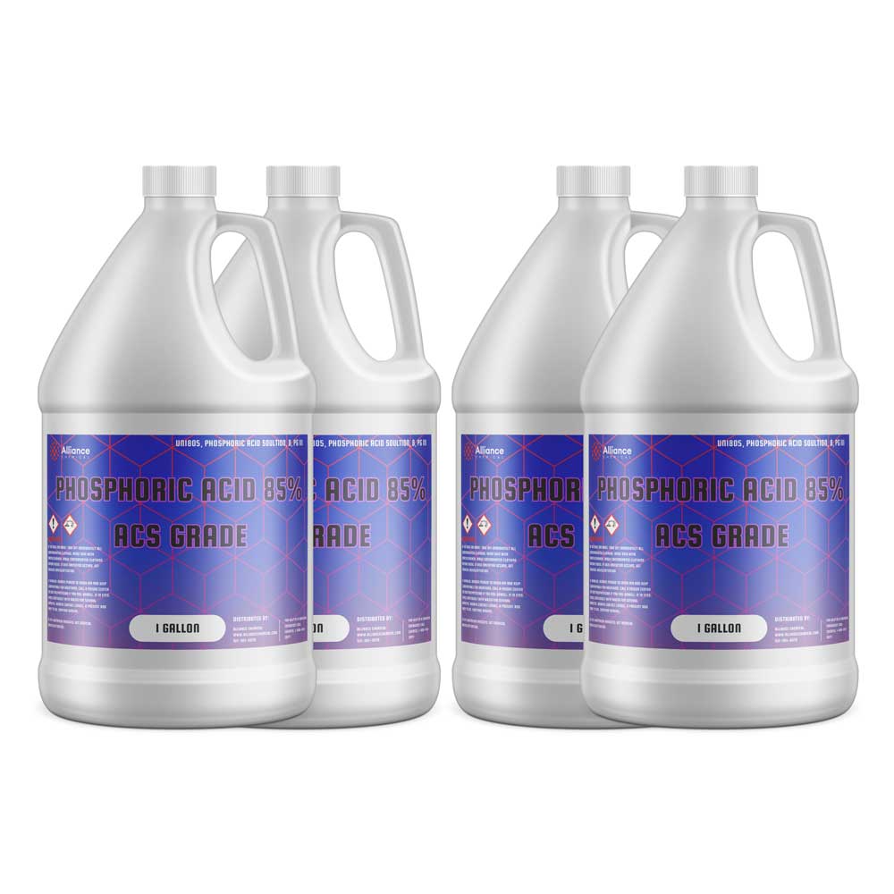 Four 1-gallon Alliance Chemical Phosphoric Acid 85% ACS Grade HDPE jugs with white screw caps, labels, and handles