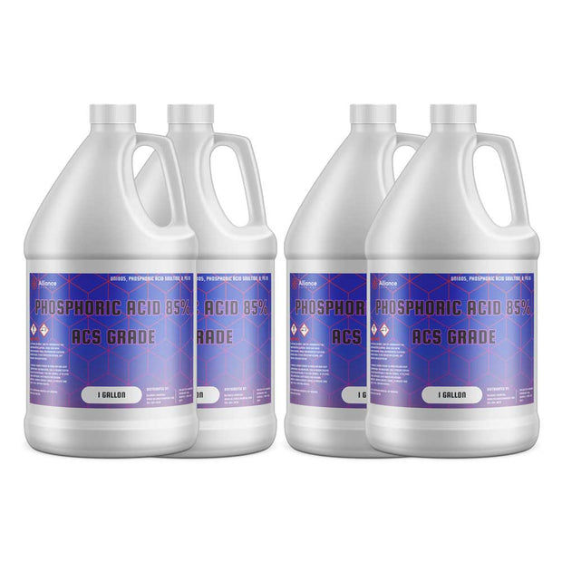 Four 1-gallon Alliance Chemical Phosphoric Acid 85% ACS Grade HDPE jugs with white screw caps, labels, and handles