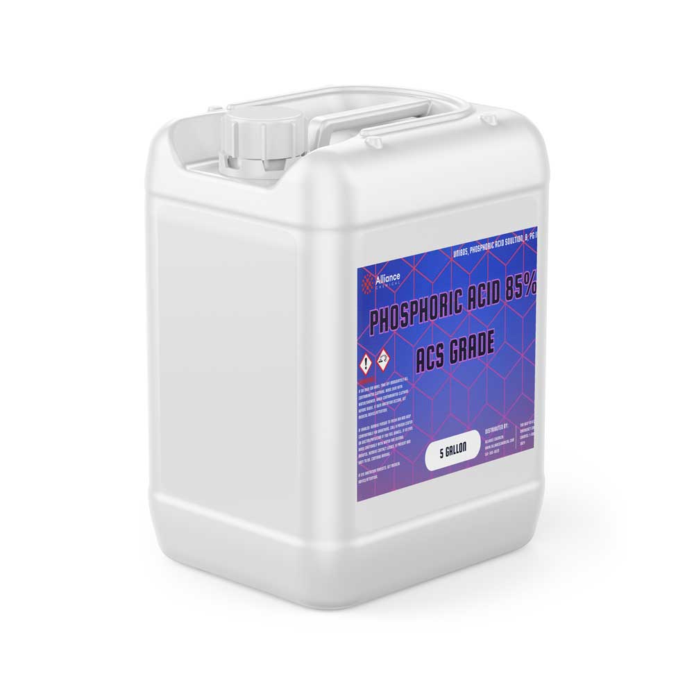 5-gallon white HDPE container of Phosphoric Acid 85% ACS Grade with blue/purple label, featuring hazard warning symbols and screw-top closure.