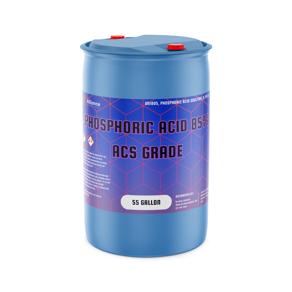55-gallon blue HDPE drum of Phosphoric Acid 85% ACS Grade with hazard warning symbols, purple geometric label design and dual red caps.