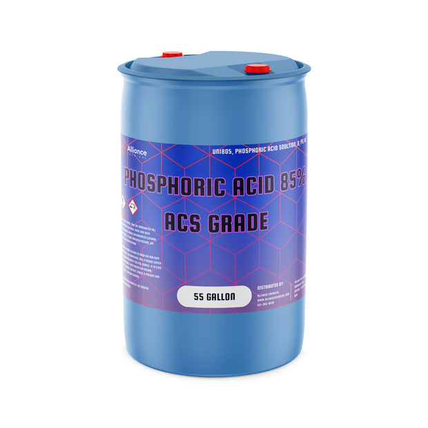 One 55-gallon plastic drum of Alliance Chemical Phosphoric Acid 85% ACS Grade with blue lid and red caps.