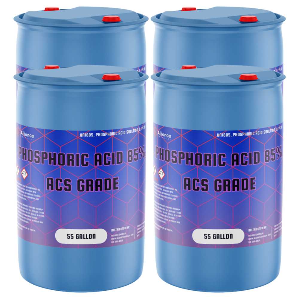 4x55-gallon blue drums of Phosphoric Acid 85% ACS Grade with corrosive hazard symbols, red caps, and hexagonal geometric label design.
