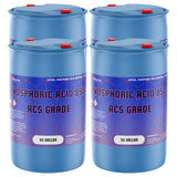 Four Alliance Chemical 55-gallon plastic drums of Phosphoric Acid 85% ACS Grade with red caps and product labels.