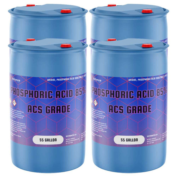 Four Alliance Chemical 55-gallon plastic drums of Phosphoric Acid 85% ACS Grade with red caps and product labels.