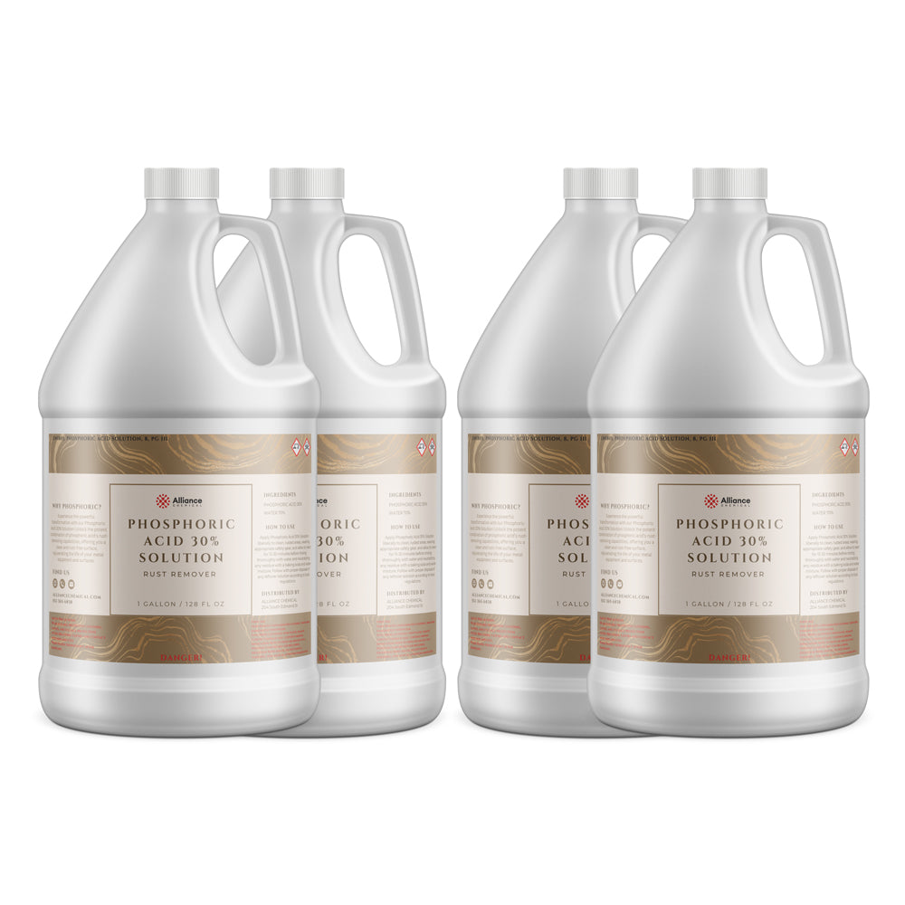 Four 1-gallon HDPE jugs of Alliance Chemical Phosphoric Acid 30% Solution Rust Remover with handles and labels.